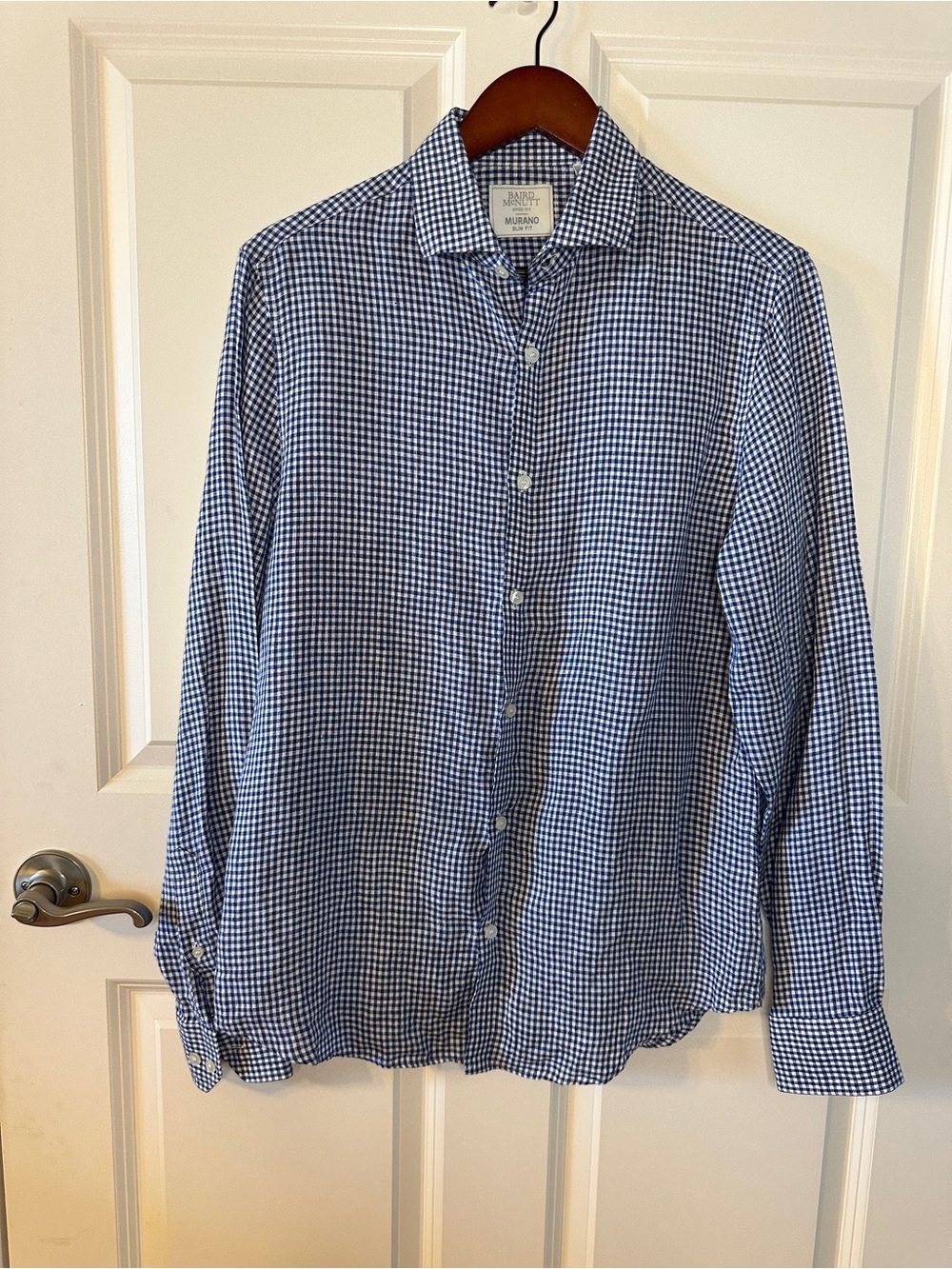 Baird McNutt Murano Irish Linen Gingham Button Down Shirt Blue White Slim Fit